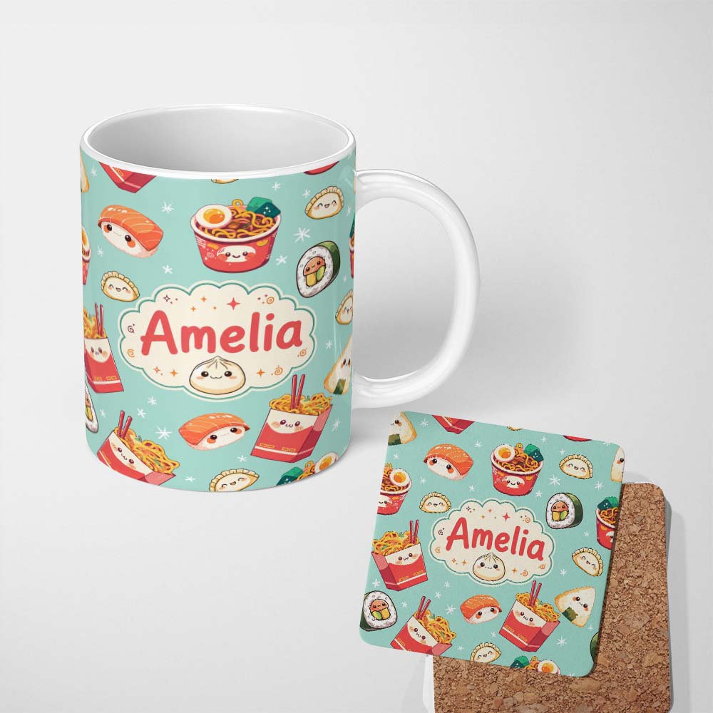 Personalized Custom Name Cute Kawaii Sushi Ramen Dumpling Food Mint Background Seamless 11oz Ceramic Coffee Tea Mug White Large Handle