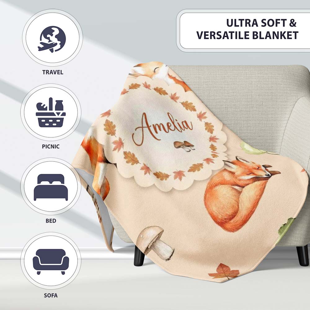 Watercolor Woodland Fox Mushroom Autumn on Warm Beige Background Personalised Custom Name Super Soft Fleece Blanket Bed Sofa Throw