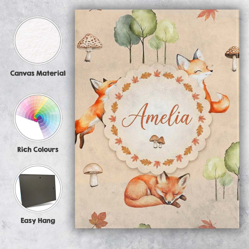 Personalised Name Watercolor Woodland Fox Custom Unique Gift Idea Elegant Feature Canvas Wall Art Print Decor Picture Ready to Hang
