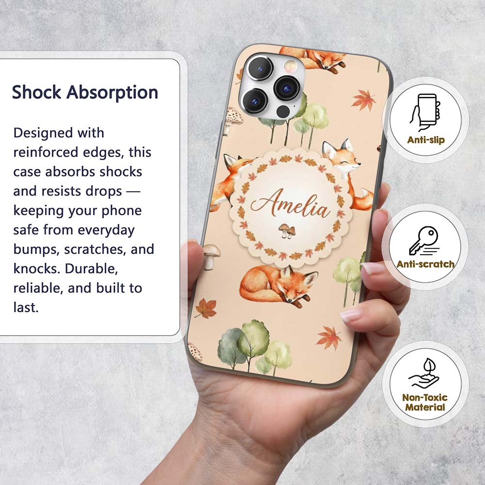 Watercolor Woodland Fox Mushroom Autumn on Warm Custom Name Protective Phone Case Mobile Cover Durable Everyday Smartphone Shock Resistant