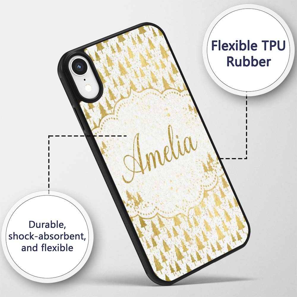 Gold Christmas Tree Pattern White Background Custom Name Protective Phone Case Mobile Cover Durable Everyday Smartphone Shock Resistant