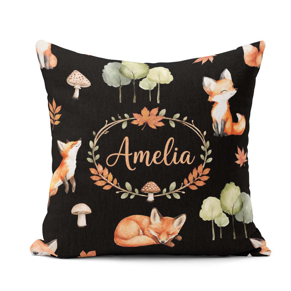 Custom Name Watercolor Woodland Fox Mushroom Seamless Pattern on Square Filled Cushion Throw Pillow Sofa Bed Home Decor Zip Washable UK Made