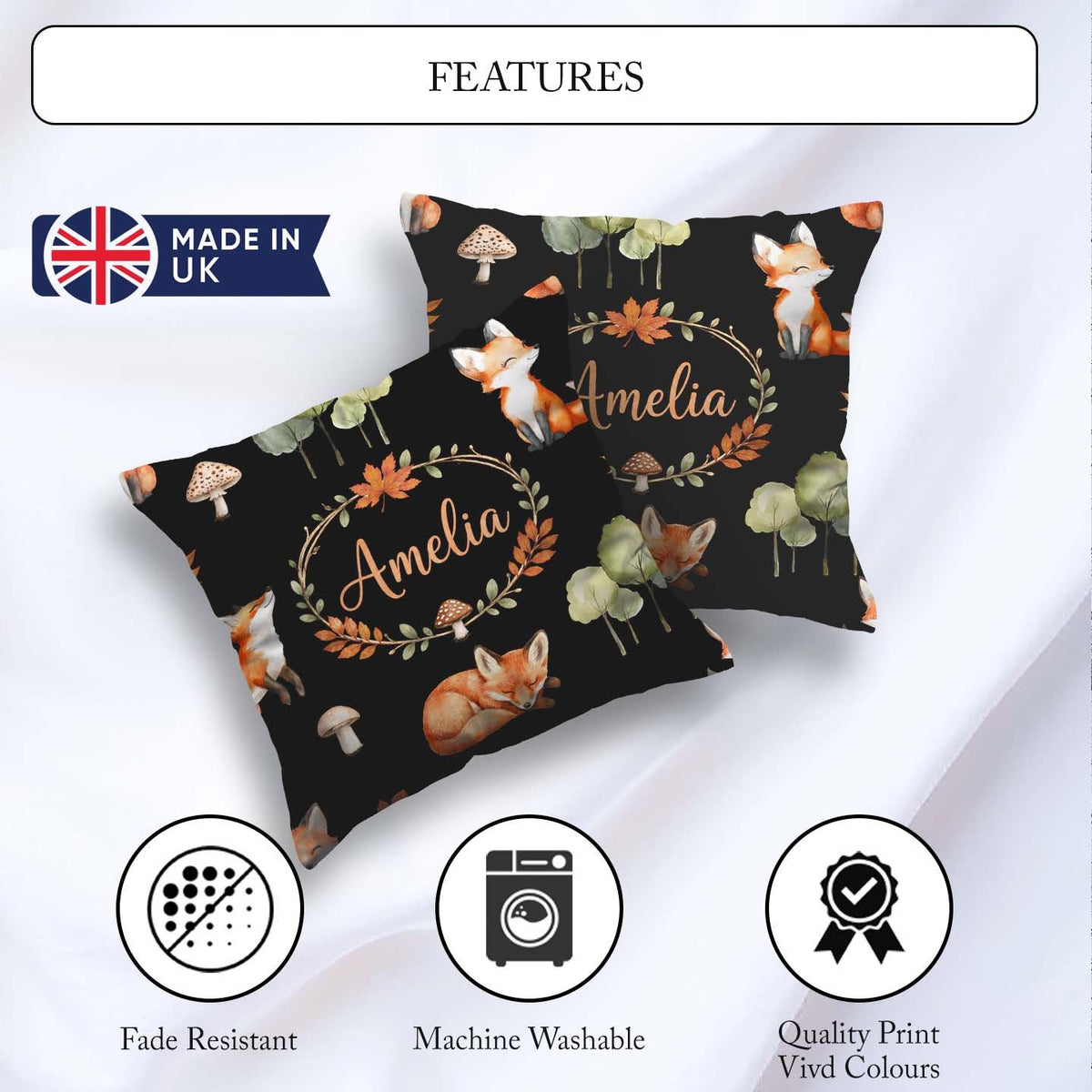 Custom Name Watercolor Woodland Fox Mushroom Seamless Pattern on Square Filled Cushion Throw Pillow Sofa Bed Home Decor Zip Washable UK Made