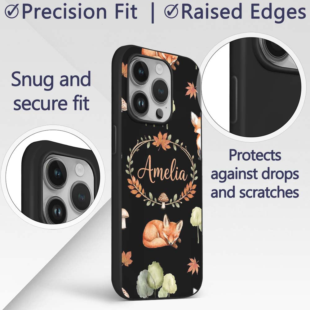 Watercolor Woodland Fox Mushroom Autumn Seamless Custom Name Protective Phone Case Mobile Cover Durable Everyday Smartphone Shock Resistant