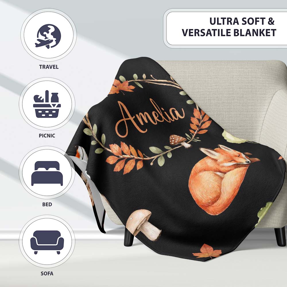 Watercolor Woodland Fox Mushroom Autumn Seamless Pattern on White Personalised Custom Name Super Soft Fleece Blanket Bed Sofa Throw