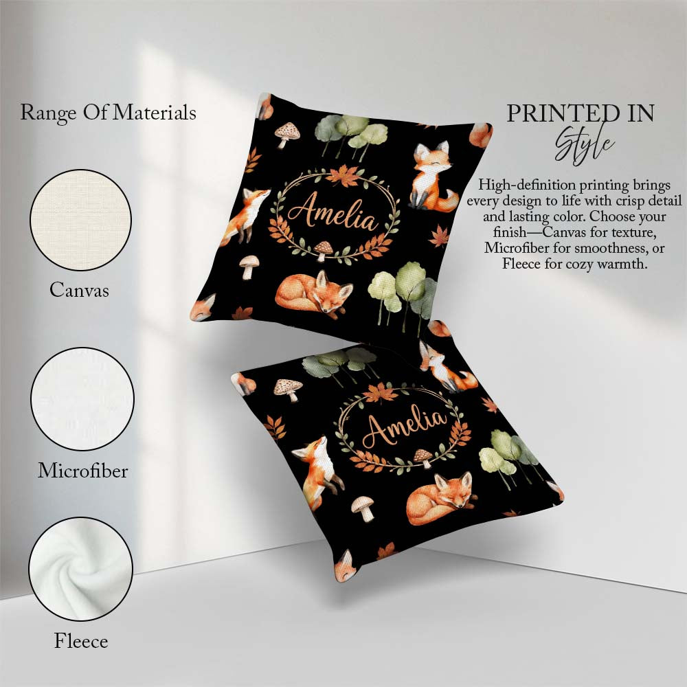 Custom Name Watercolor Woodland Fox Mushroom Seamless Pattern on Square Filled Cushion Throw Pillow Sofa Bed Home Decor Zip Washable UK Made
