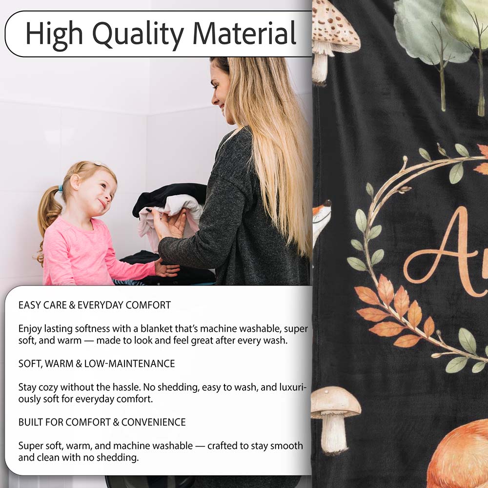 Watercolor Woodland Fox Mushroom Autumn Seamless Pattern on White Personalised Custom Name Super Soft Fleece Blanket Bed Sofa Throw