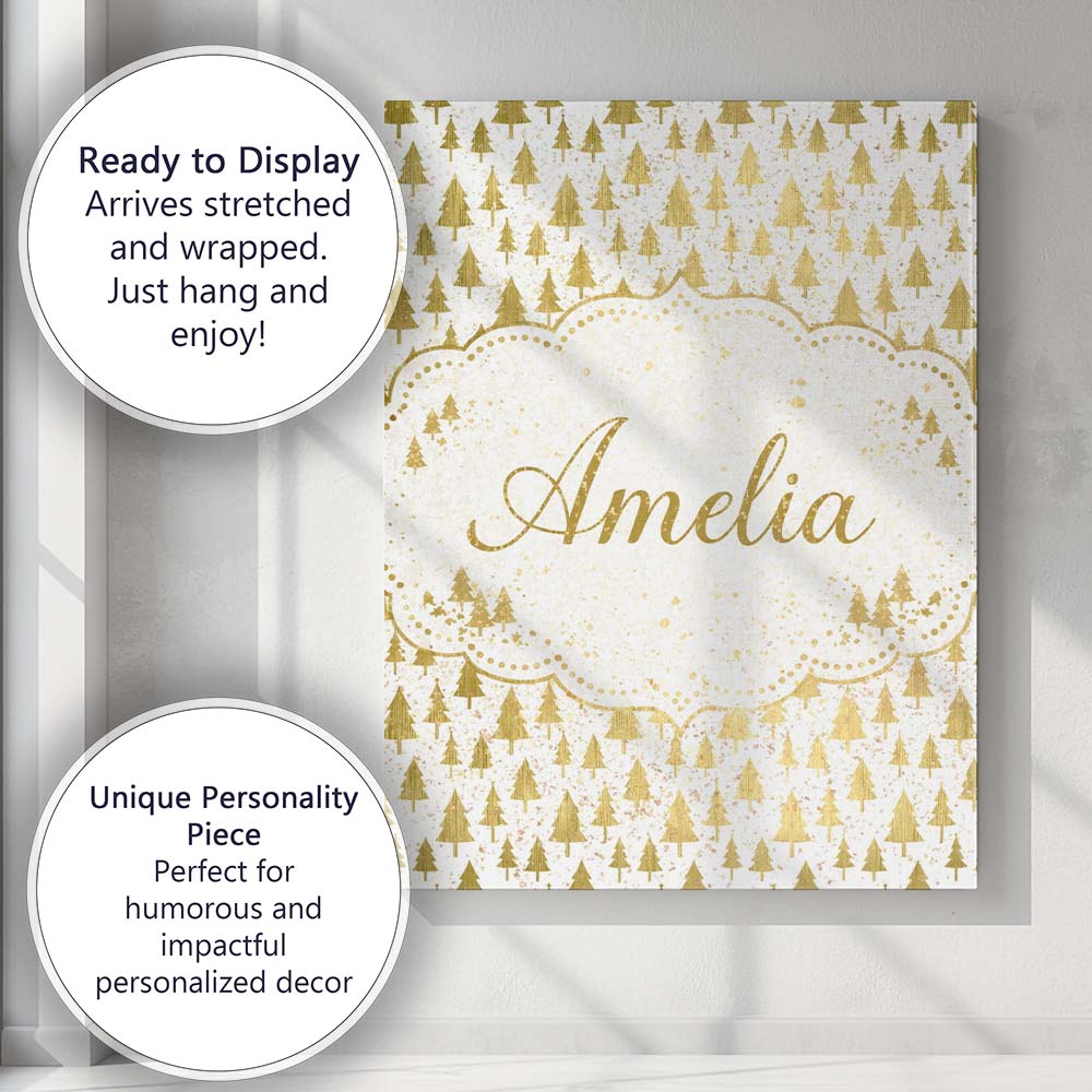 Personalised Name Gold Christmas Tree Pattern White Background Custom Modern Room Accent Canvas Wall Art Print Decor Picture Ready to Hang