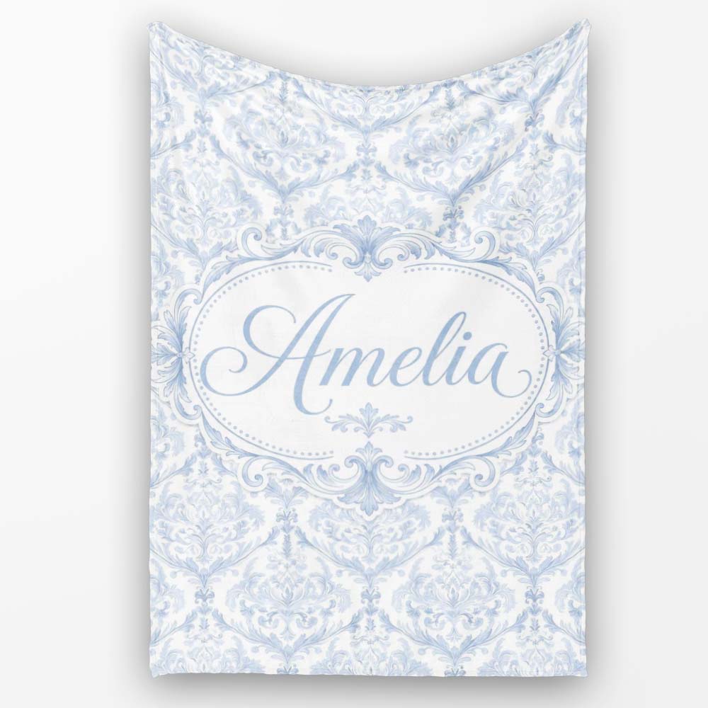 Vintage Blue Damask Ornamental Seamless Pattern Perfect Gift for Her Personalised Custom Name Super Soft Fleece Blanket Bed Sofa Throw
