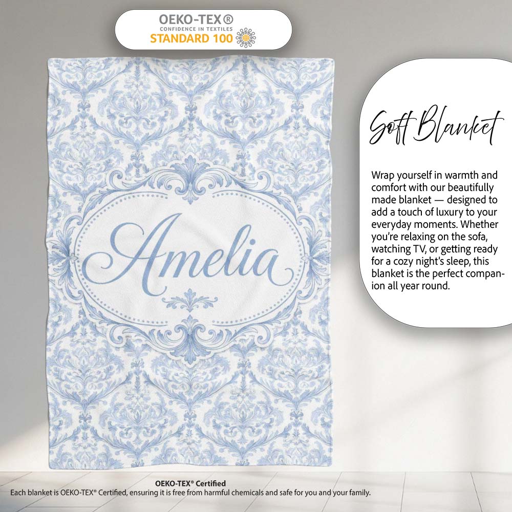 Vintage Blue Damask Ornamental Seamless Pattern Perfect Gift for Her Personalised Custom Name Super Soft Fleece Blanket Bed Sofa Throw