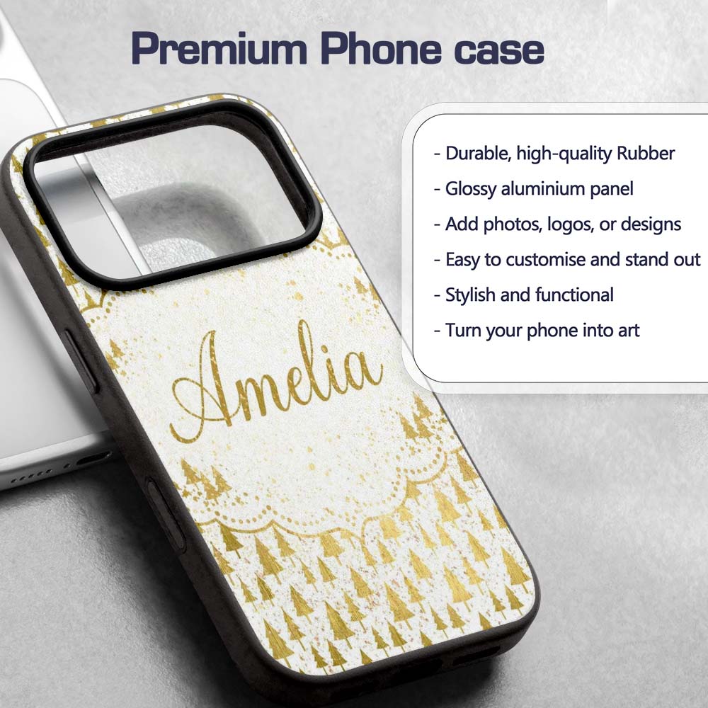 Gold Christmas Tree Pattern White Background Custom Name Protective Phone Case Mobile Cover Durable Everyday Smartphone Shock Resistant