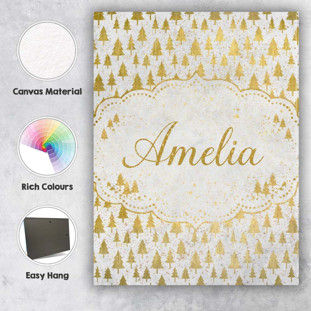 Personalised Name Gold Christmas Tree Pattern White Background Custom Modern Room Accent Canvas Wall Art Print Decor Picture Ready to Hang
