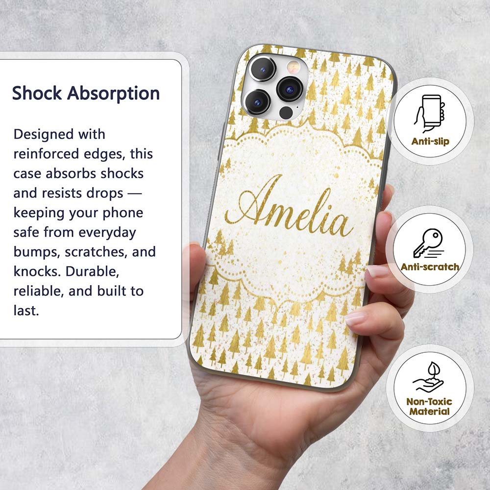 Gold Christmas Tree Pattern White Background Custom Name Protective Phone Case Mobile Cover Durable Everyday Smartphone Shock Resistant