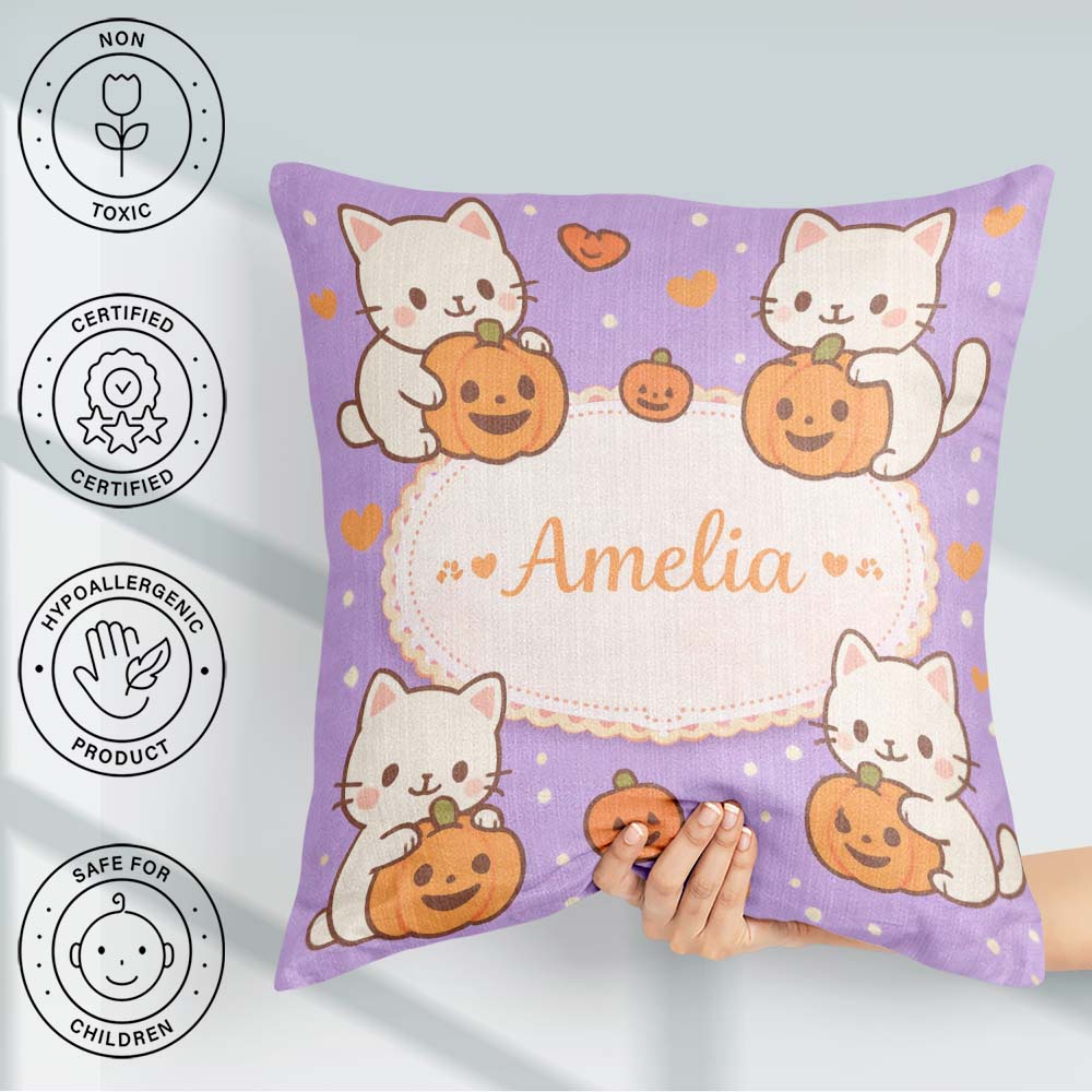 Custom Name Cute Halloween Cat Pumpkin Cartoon Animal Pattern Square Filled Cushion Throw Pillow Sofa Bed Home Decor Zip Washable UK Made