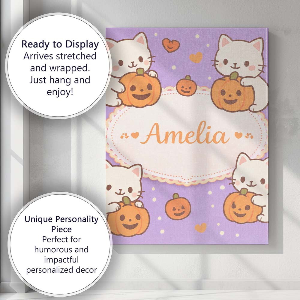 Personalised Name Cute Halloween Cat Pumpkin Cartoon Animal Pattern Custom Canvas Wall Art Print Decor Picture Ready to Hang