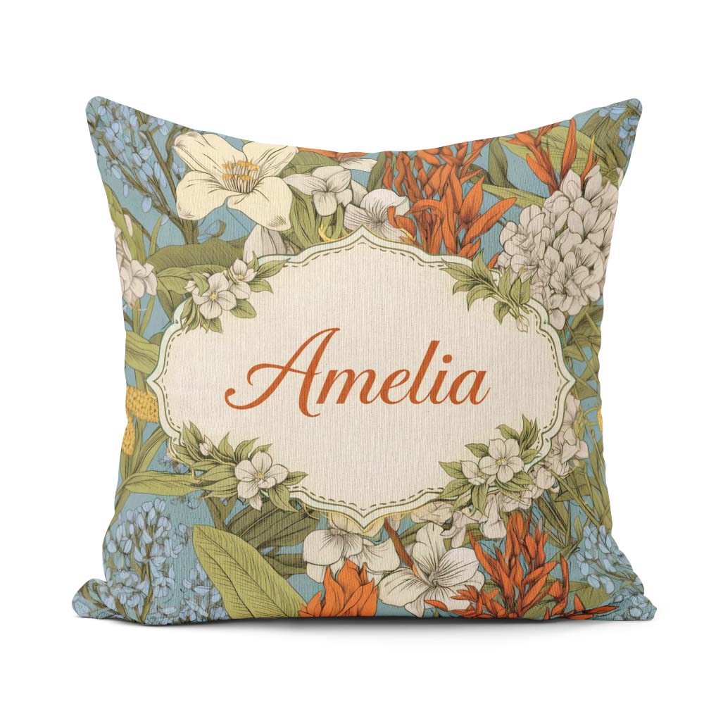 Custom Name Botanical Floral Illustration Blue Background Lovely Square Filled Cushion Throw Pillow Sofa Bed Home Decor Zip Washable UK Made
