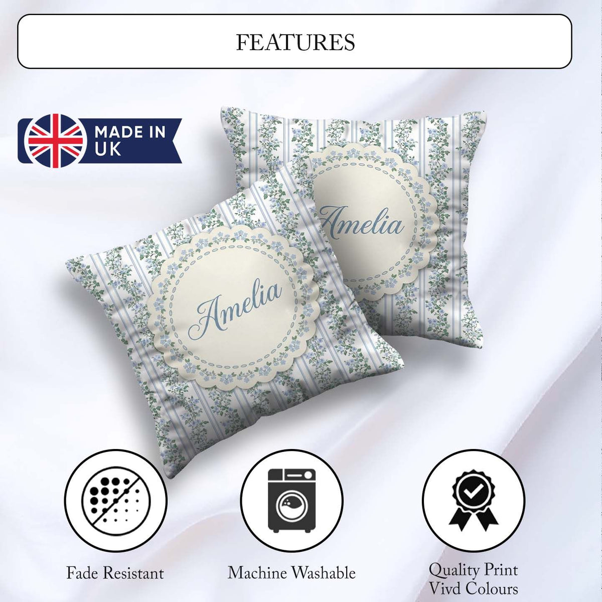 Custom Name Blue Floral Vine Stripe Seamless Pattern Coffee Cup Square Filled Cushion Throw Pillow Sofa Bed Home Decor Zip Washable UK Made