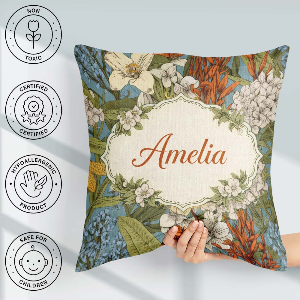 Custom Name Botanical Floral Illustration Blue Background Lovely Square Filled Cushion Throw Pillow Sofa Bed Home Decor Zip Washable UK Made