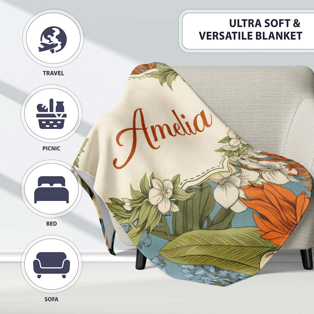 Botanical Floral Illustration Blue Background Seamless Lovely Personalised Custom Name Super Soft Fleece Blanket Bed Sofa Throw