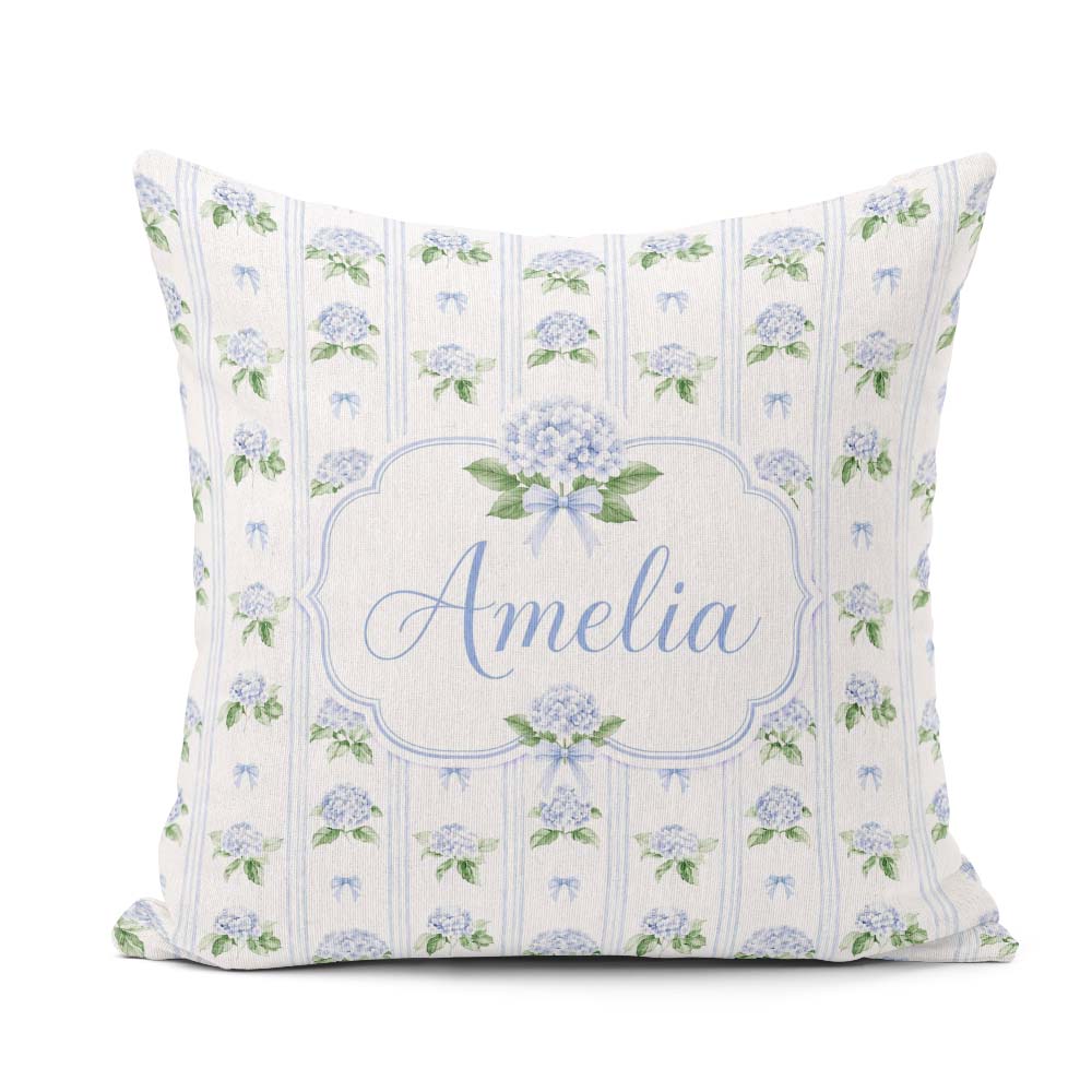 Custom Name Blue Hydrangea Stripe Bow Floral Seamless Pattern Square Filled Cushion Throw Pillow Sofa Bed Home Decor Zip Washable UK Made