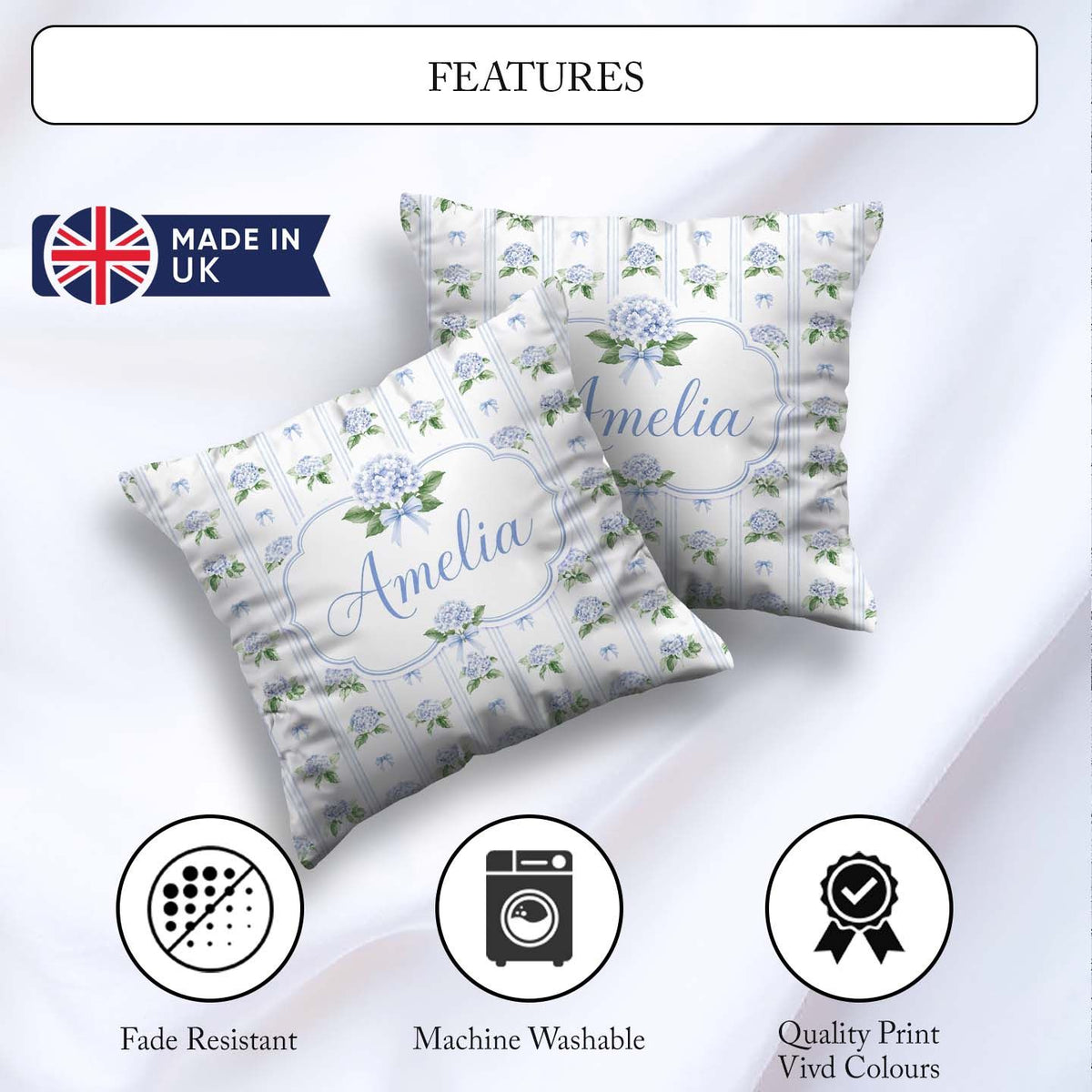 Custom Name Blue Hydrangea Stripe Bow Floral Seamless Pattern Square Filled Cushion Throw Pillow Sofa Bed Home Decor Zip Washable UK Made