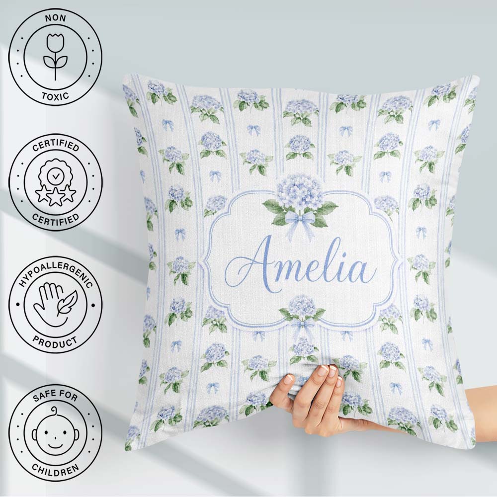 Custom Name Blue Hydrangea Stripe Bow Floral Seamless Pattern Square Filled Cushion Throw Pillow Sofa Bed Home Decor Zip Washable UK Made