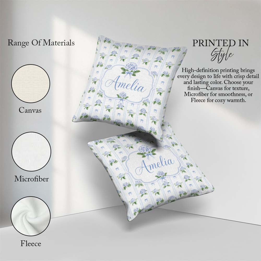 Custom Name Blue Hydrangea Stripe Bow Floral Seamless Pattern Square Filled Cushion Throw Pillow Sofa Bed Home Decor Zip Washable UK Made