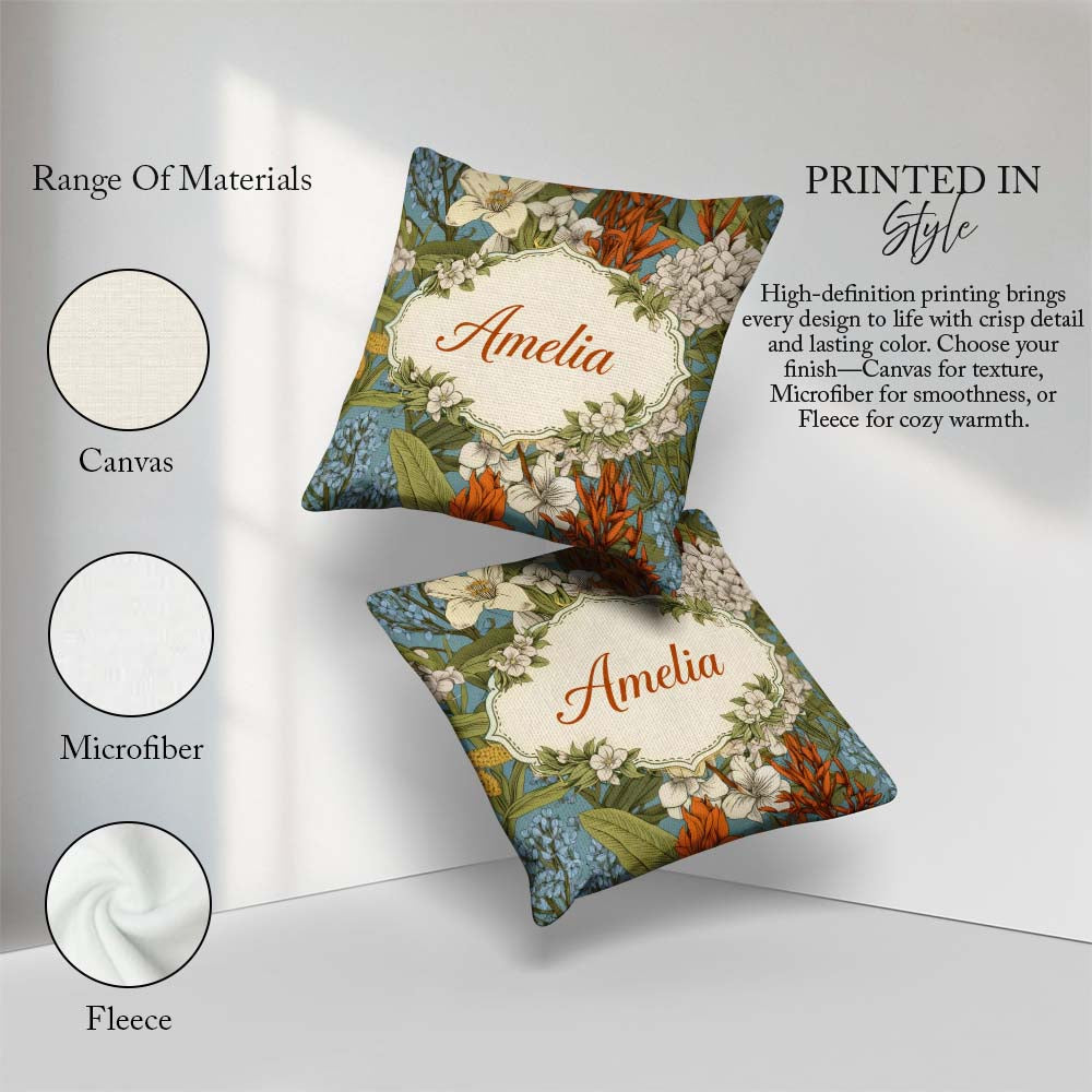Custom Name Botanical Floral Illustration Blue Background Lovely Square Filled Cushion Throw Pillow Sofa Bed Home Decor Zip Washable UK Made