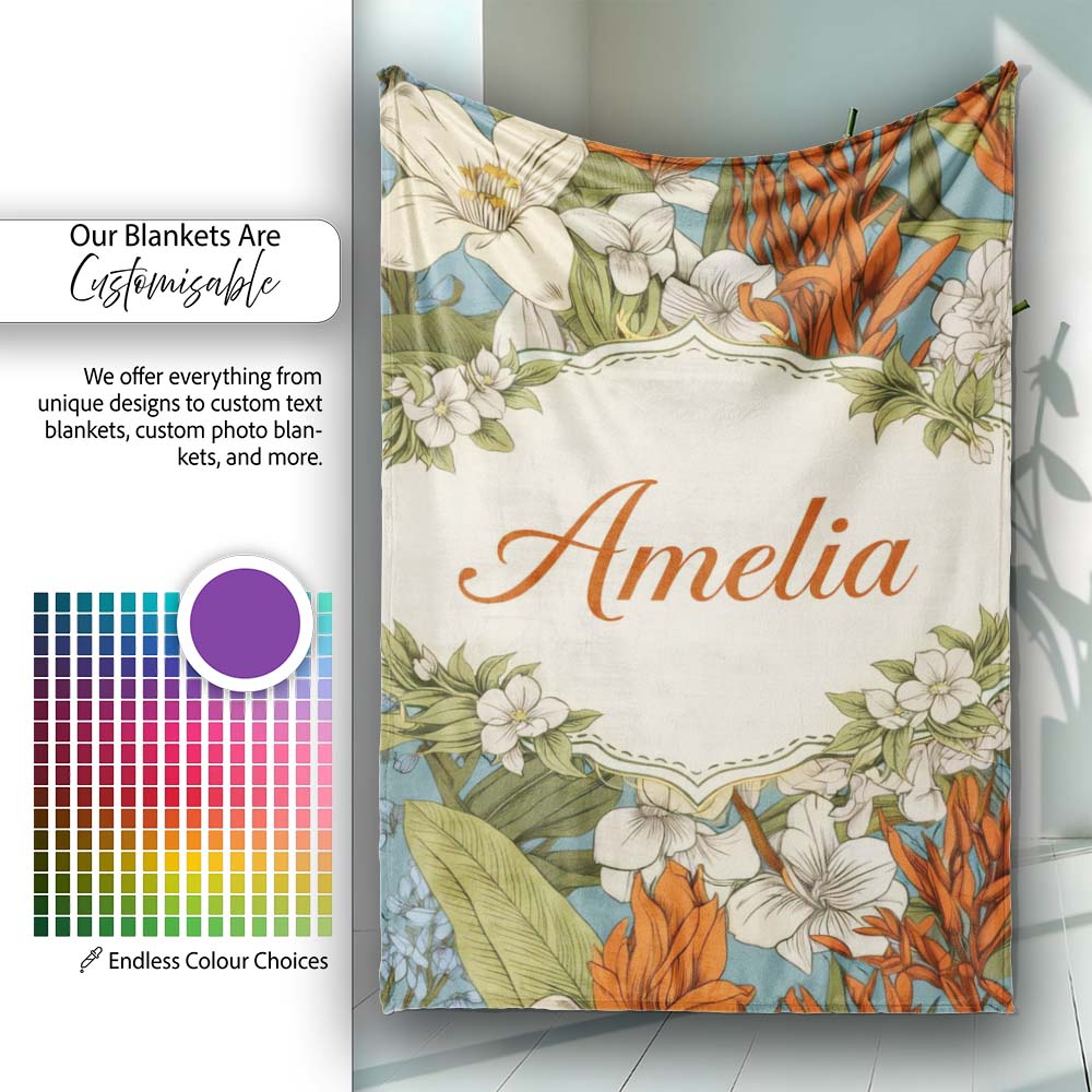 Botanical Floral Illustration Blue Background Seamless Lovely Personalised Custom Name Super Soft Fleece Blanket Bed Sofa Throw