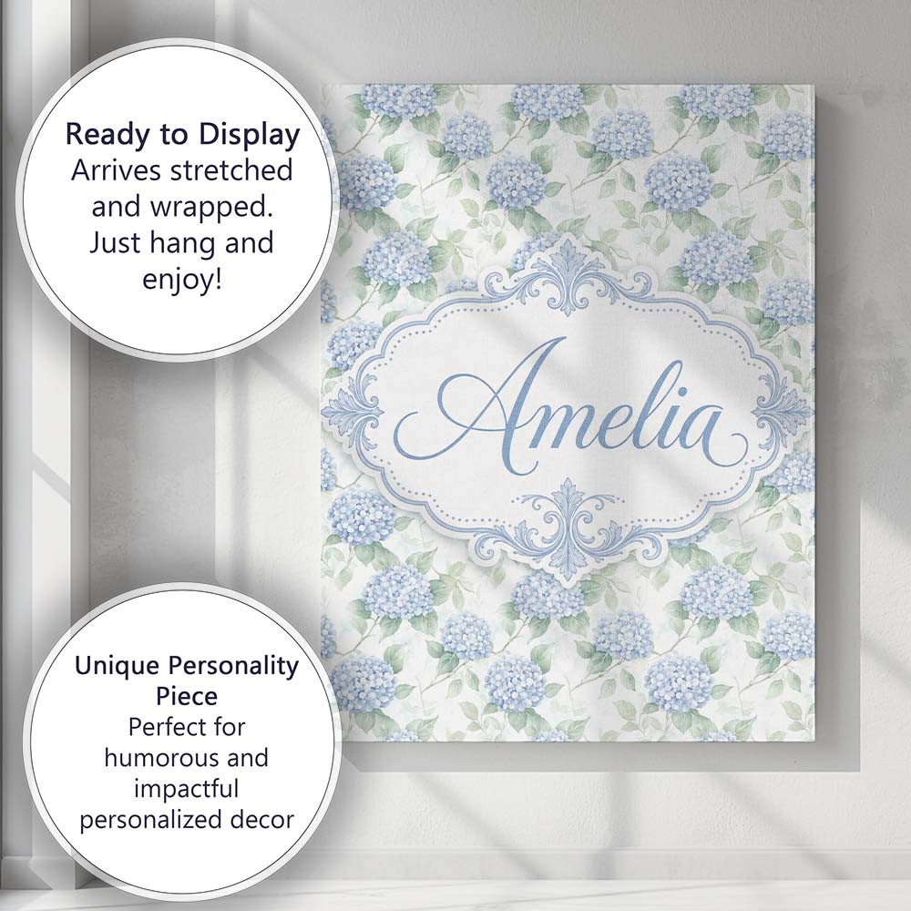 Personalised Name Soft Blue Hydrangea Custom Modern Room Accent Creative Decorator Style Canvas Wall Art Print Decor Picture Ready to Hang