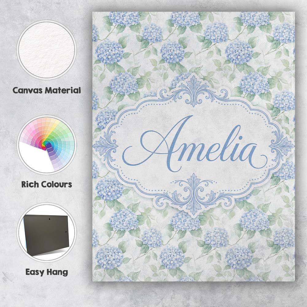 Personalised Name Soft Blue Hydrangea Custom Modern Room Accent Creative Decorator Style Canvas Wall Art Print Decor Picture Ready to Hang