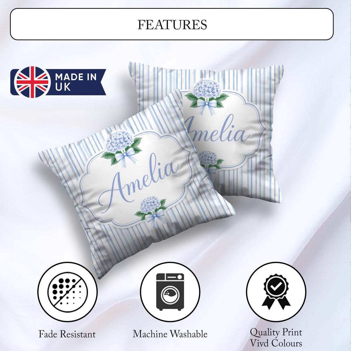 Custom Name Blue Vertical Stripe Classic Seamless Pattern for Square Filled Cushion Throw Pillow Sofa Bed Home Decor Zip Washable UK Made
