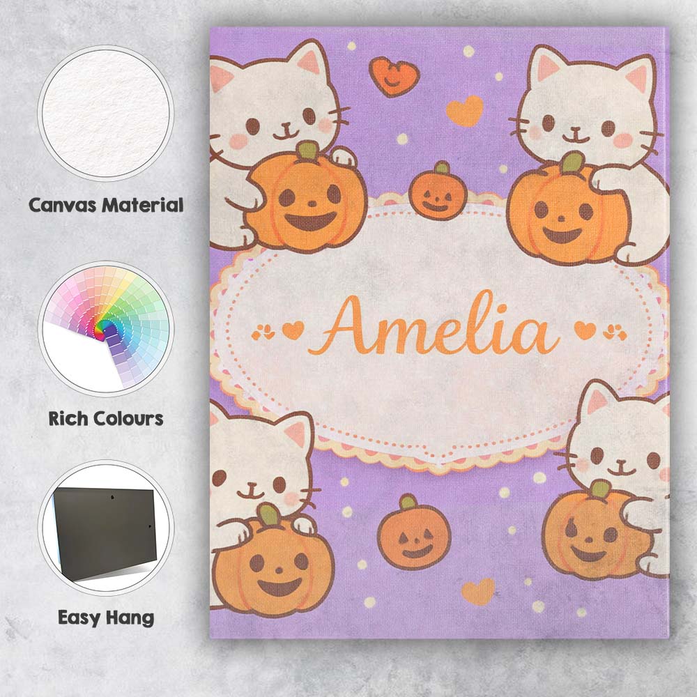 Personalised Name Cute Halloween Cat Pumpkin Cartoon Animal Pattern Custom Canvas Wall Art Print Decor Picture Ready to Hang