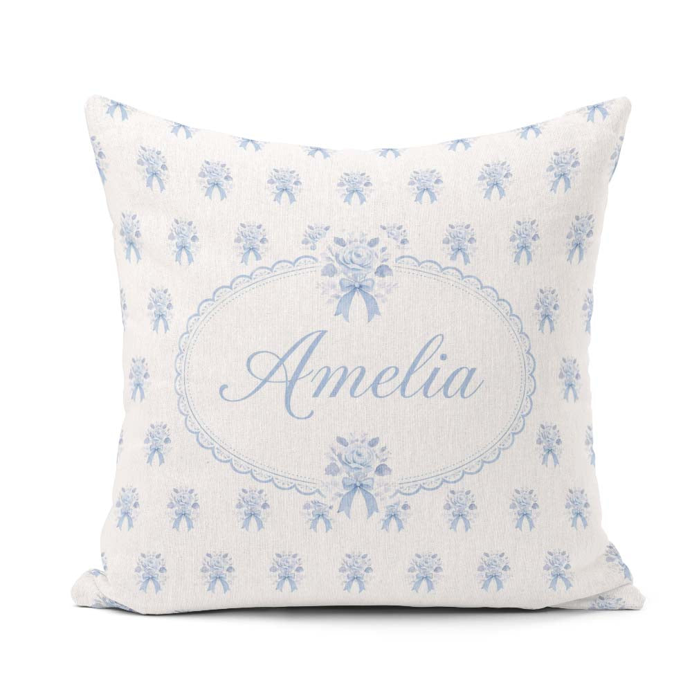 Custom Name Blue Rose Bow Tossed Floral Seamless Pattern Stylish Square Filled Cushion Throw Pillow Sofa Bed Home Decor Zip Washable UK Made
