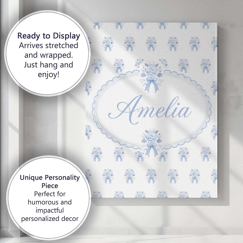 Personalised Name Blue Rose Bow Tossed Custom Modern Room Accent Elegant Feature Canvas Wall Art Print Decor Picture Ready to Hang