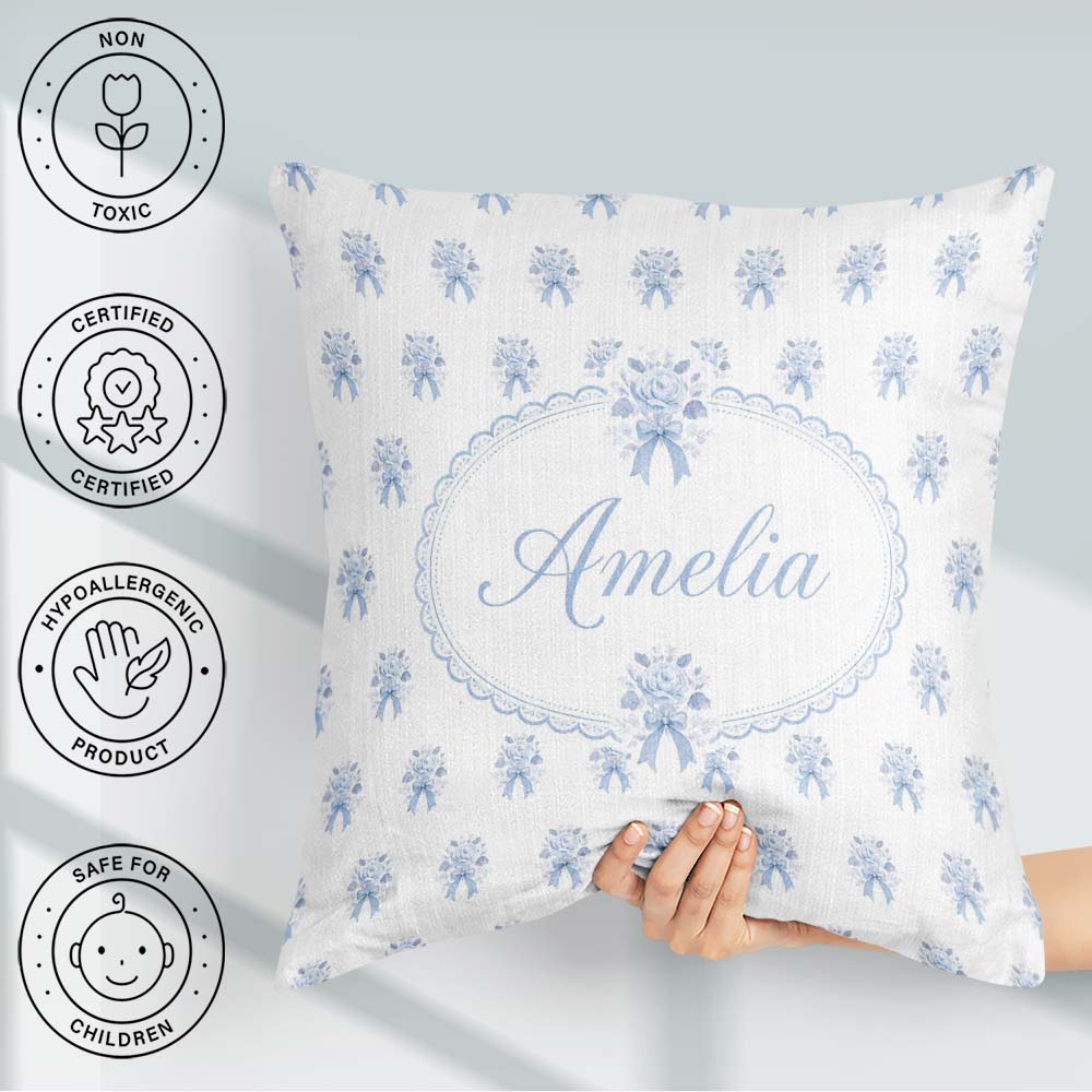 Custom Name Blue Rose Bow Tossed Floral Seamless Pattern Stylish Square Filled Cushion Throw Pillow Sofa Bed Home Decor Zip Washable UK Made