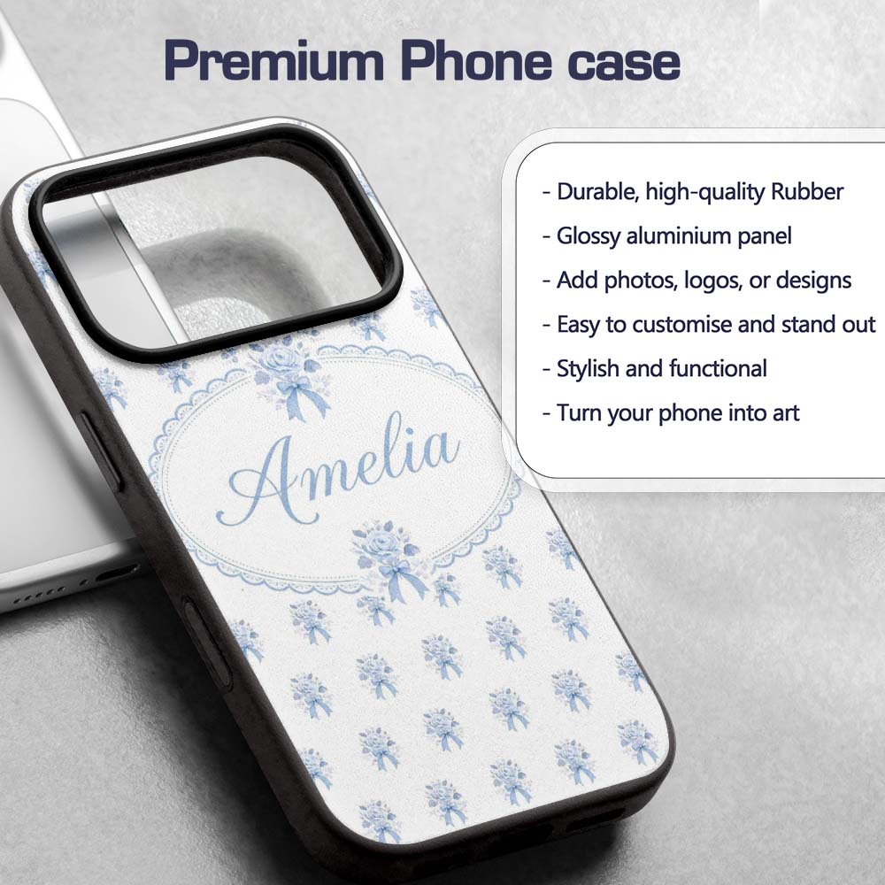 Blue Rose Bow Tossed Floral Seamless Pattern Custom Name Protective Phone Case Mobile Cover Durable Everyday Smartphone Shock Resistant