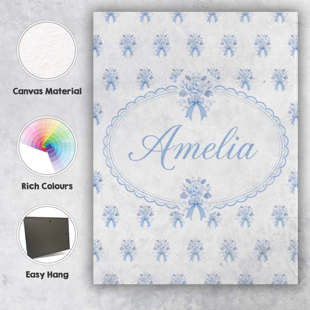 Personalised Name Blue Rose Bow Tossed Custom Modern Room Accent Elegant Feature Canvas Wall Art Print Decor Picture Ready to Hang