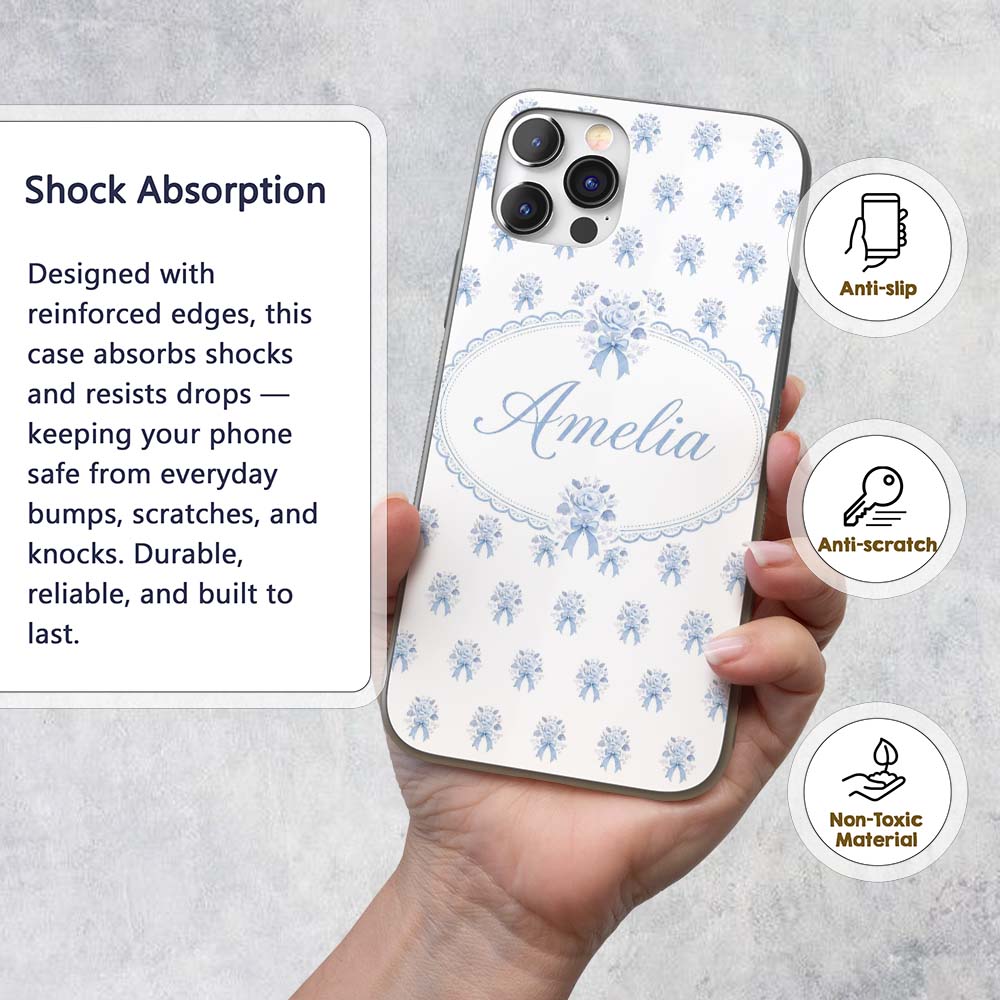 Blue Rose Bow Tossed Floral Seamless Pattern Custom Name Protective Phone Case Mobile Cover Durable Everyday Smartphone Shock Resistant
