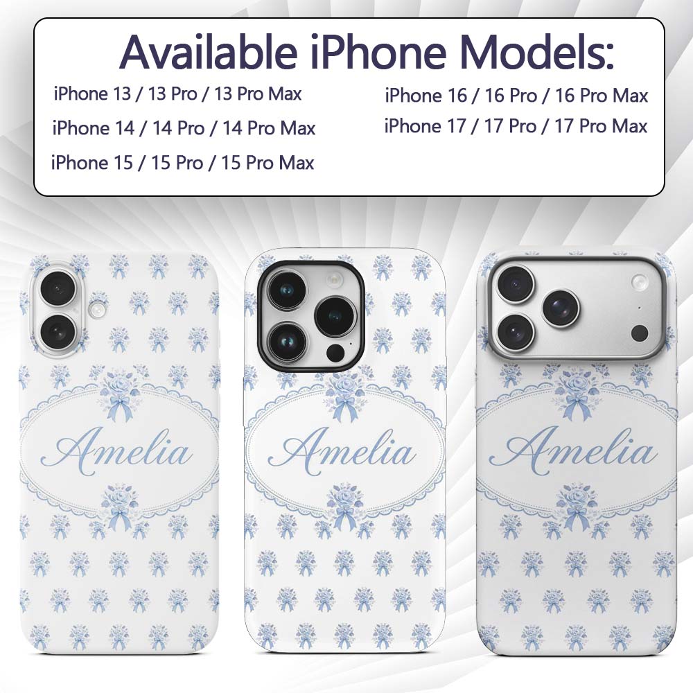 Blue Rose Bow Tossed Floral Seamless Pattern Custom Name Protective Phone Case Mobile Cover Durable Everyday Smartphone Shock Resistant
