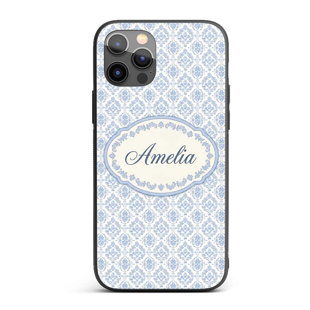 Vintage Blue Damask Classic Seamless Pattern Cute Custom Name Protective Phone Case Mobile Cover Durable Everyday Smartphone Shock Resistant