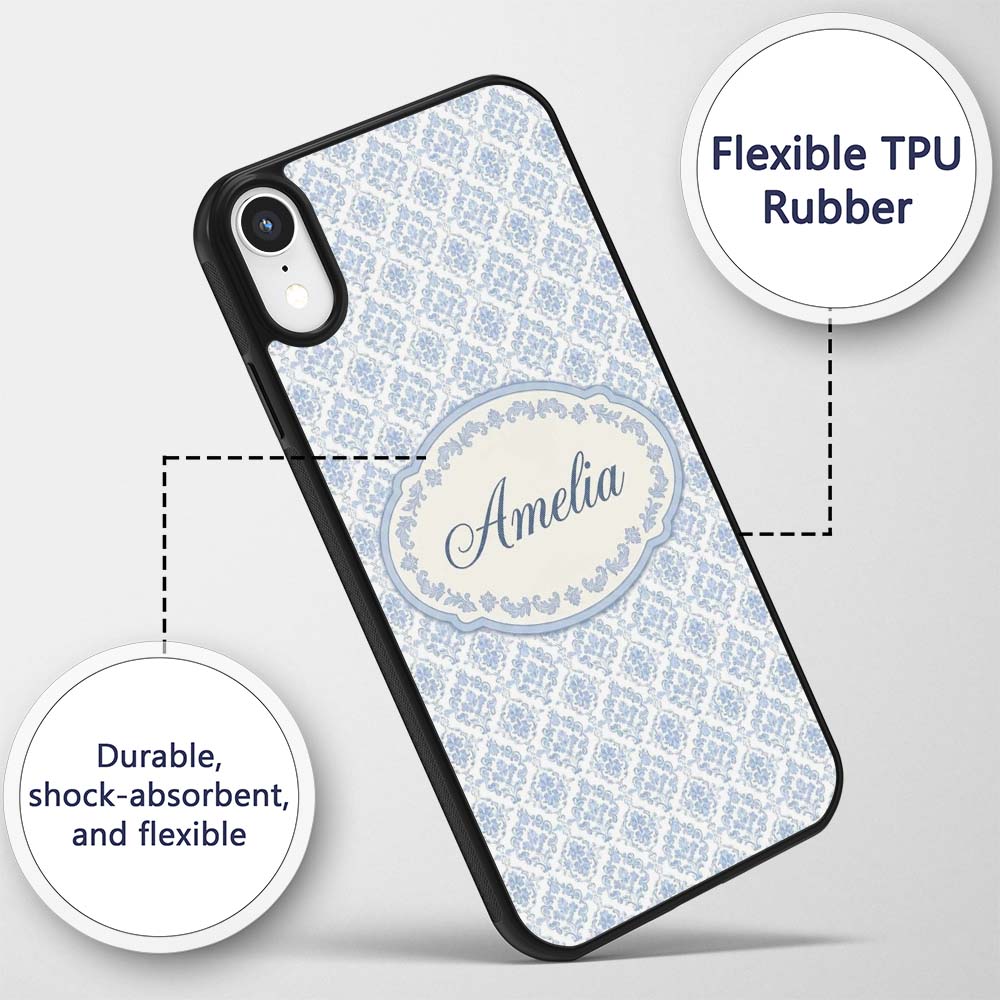 Vintage Blue Damask Classic Seamless Pattern Cute Custom Name Protective Phone Case Mobile Cover Durable Everyday Smartphone Shock Resistant