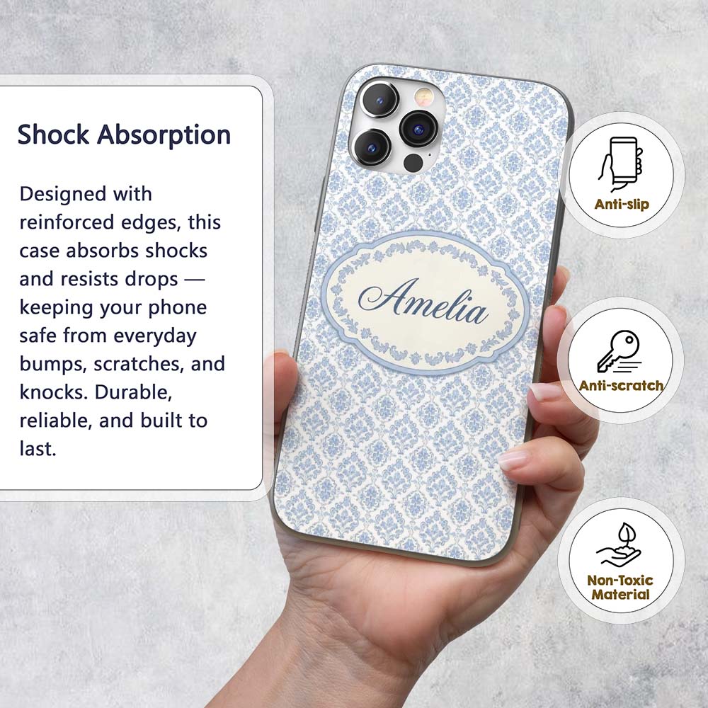 Vintage Blue Damask Classic Seamless Pattern Cute Custom Name Protective Phone Case Mobile Cover Durable Everyday Smartphone Shock Resistant