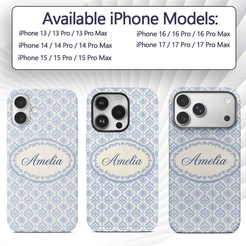 Vintage Blue Damask Classic Seamless Pattern Cute Custom Name Protective Phone Case Mobile Cover Durable Everyday Smartphone Shock Resistant