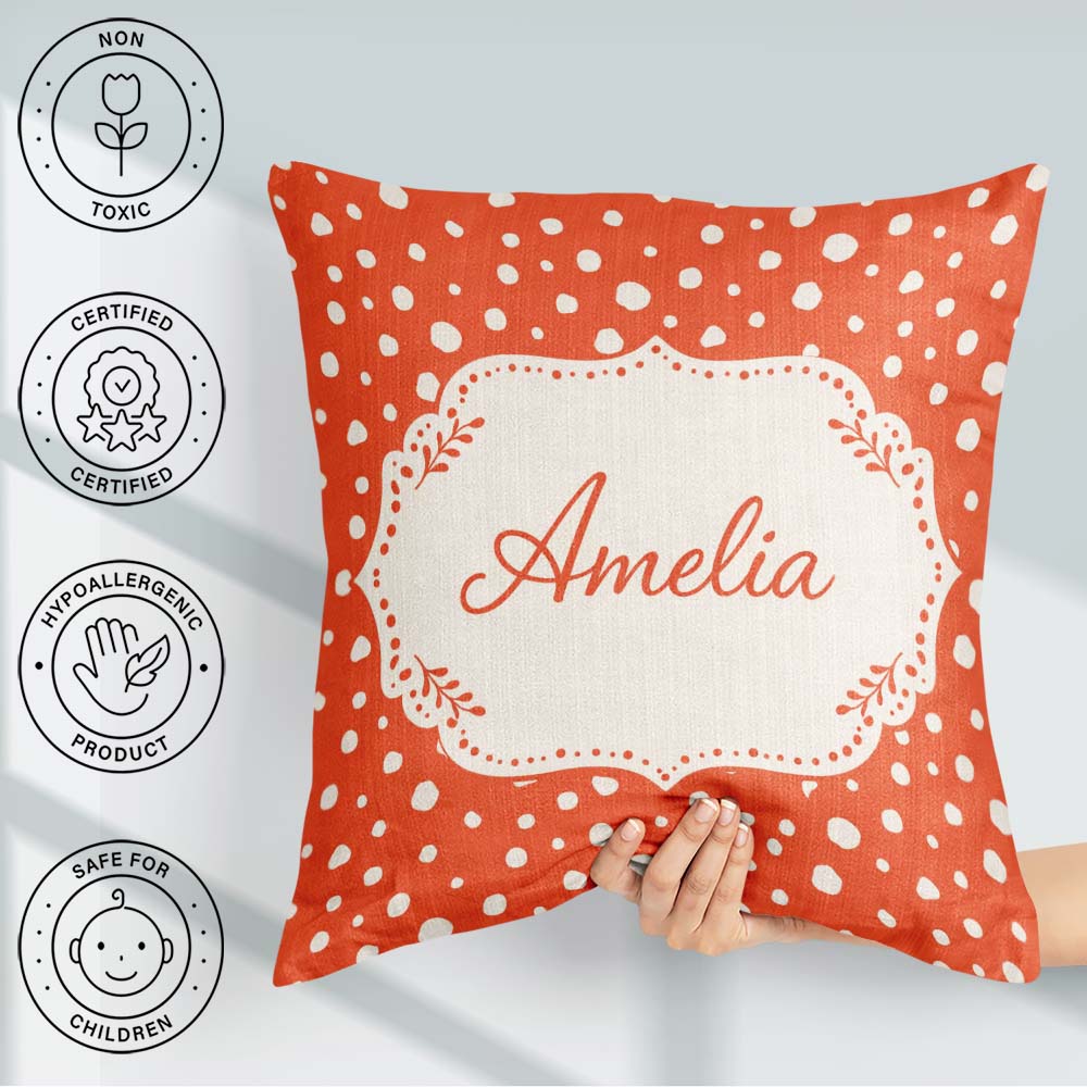 Custom Name White Polka Dot Pattern Orange Background Seamless Square Filled Cushion Throw Pillow Sofa Bed Home Decor Zip Washable UK Made