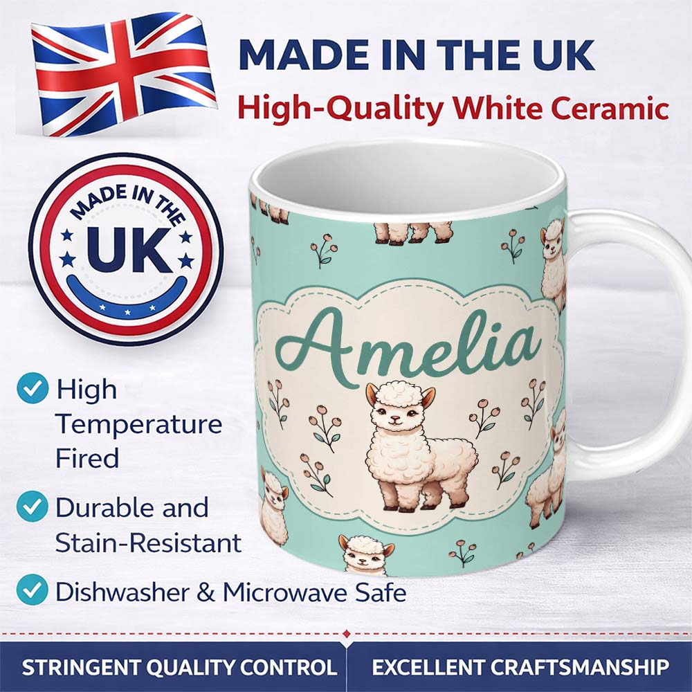 Personalized Custom Name Cute Alpaca Llama Farm Animals Floral Seamless Pattern Mint Green 11oz Ceramic Coffee Tea Mug White Large Handle