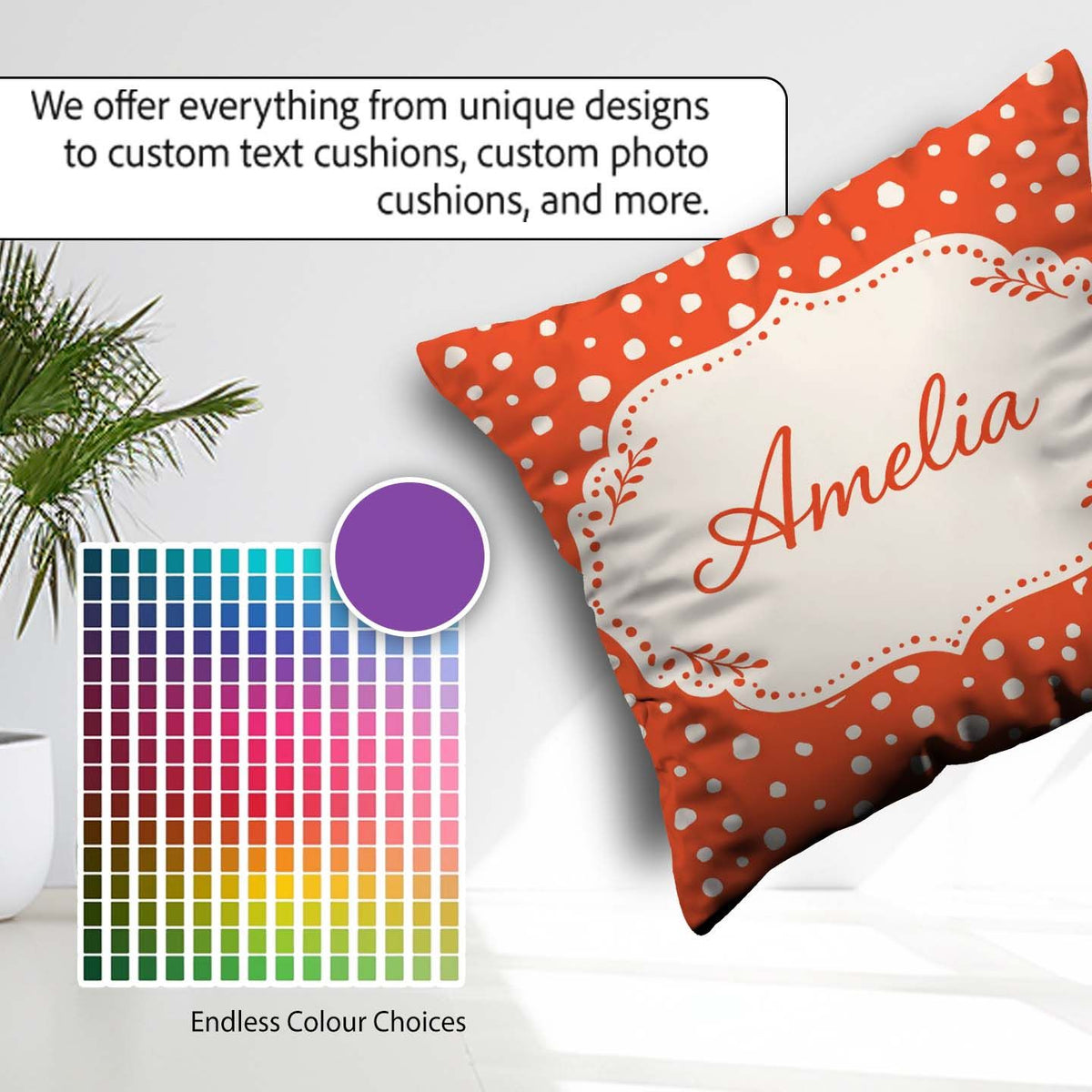 Custom Name White Polka Dot Pattern Orange Background Seamless Square Filled Cushion Throw Pillow Sofa Bed Home Decor Zip Washable UK Made
