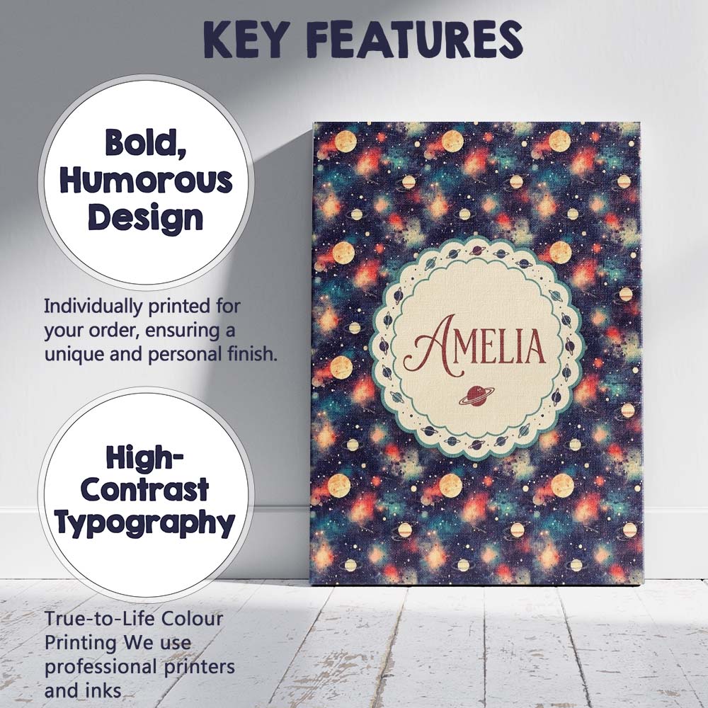 Personalised Name Vibrant Galaxy Planets Custom Unique Gift Idea Elegant Feature Canvas Wall Art Print Decor Picture Ready to Hang