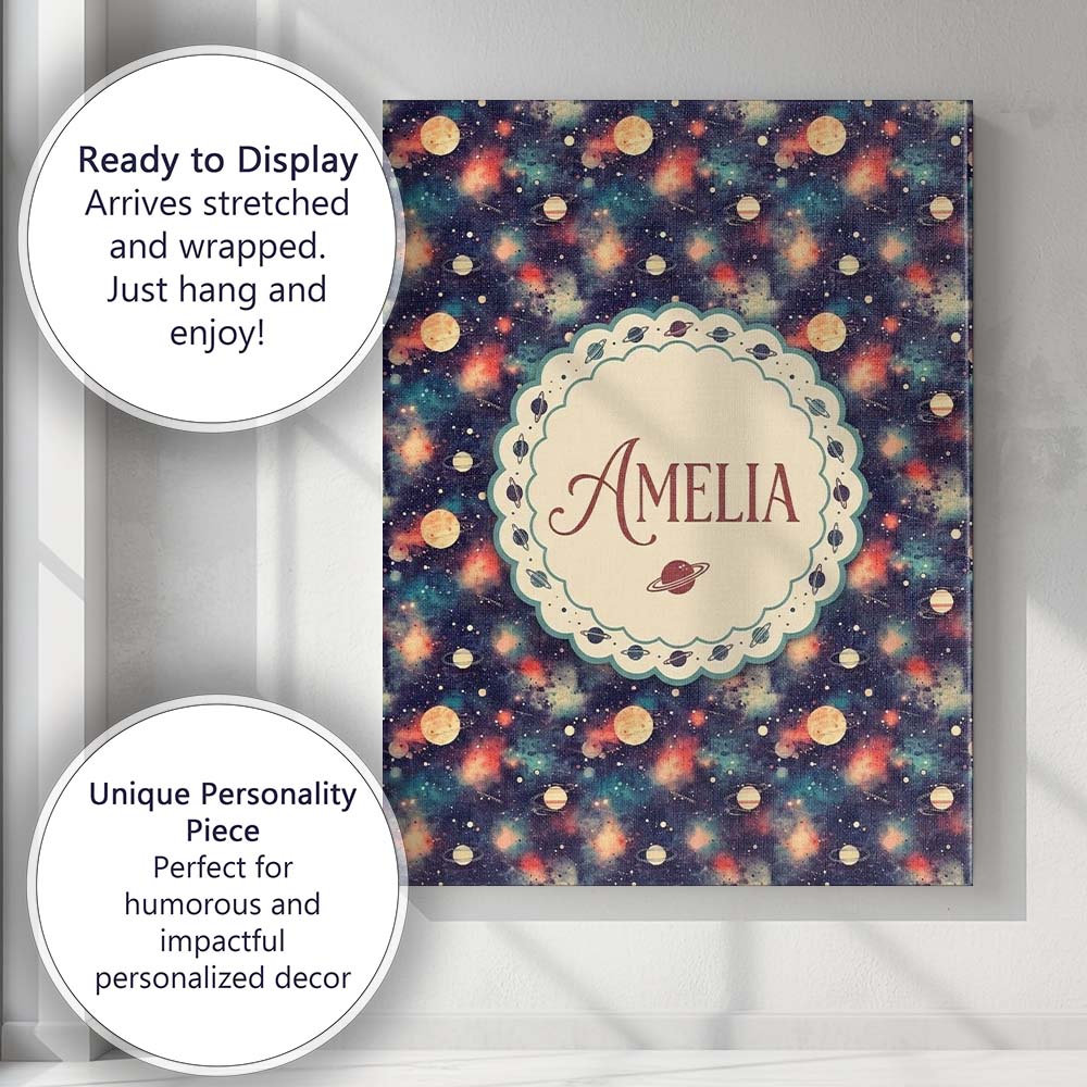 Personalised Name Vibrant Galaxy Planets Custom Unique Gift Idea Elegant Feature Canvas Wall Art Print Decor Picture Ready to Hang