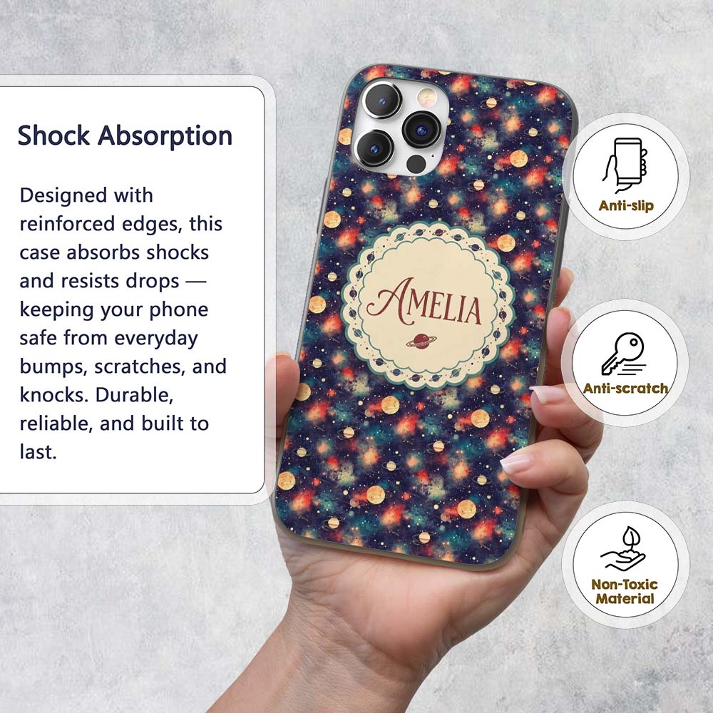 Vibrant Galaxy Planets Nebula Space Seamless Custom Name Protective Phone Case Mobile Cover Durable Everyday Smartphone Shock Resistant